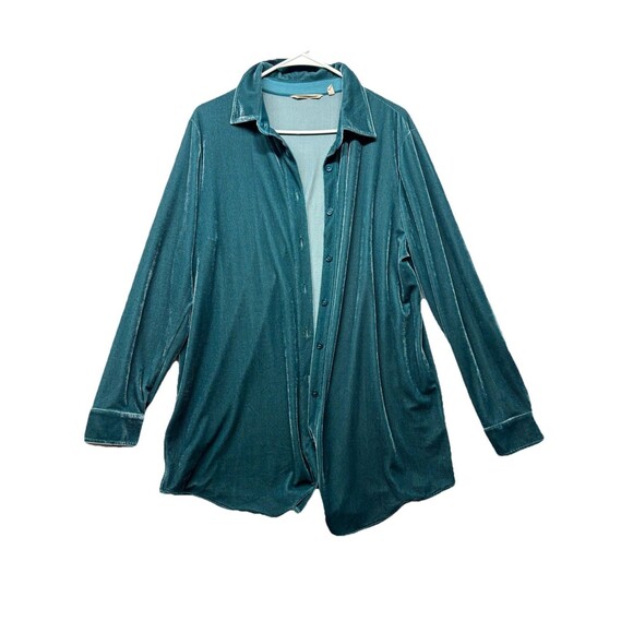 Soft Surroundings Button Down Blouse Women's Size Medium Teal Blue Velvet Top - Picture 1 of 4